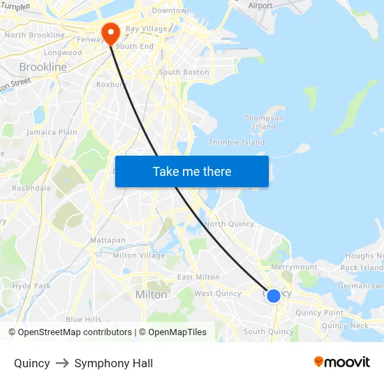 Quincy to Symphony Hall map