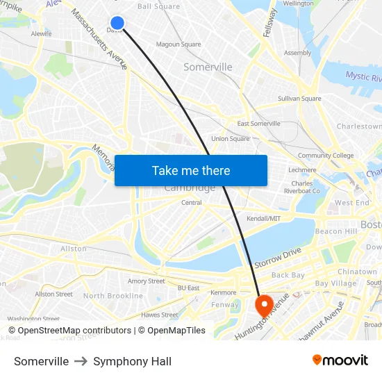 Somerville to Symphony Hall map