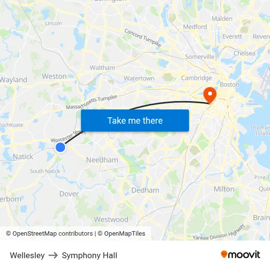 Wellesley to Symphony Hall map