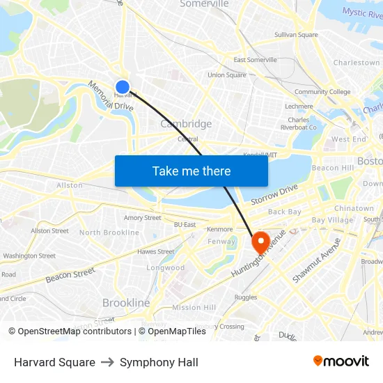 Harvard Square to Symphony Hall map
