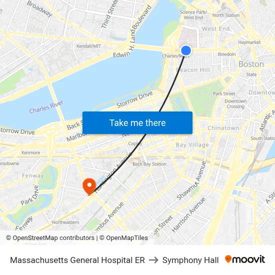 Massachusetts General Hospital ER to Symphony Hall map