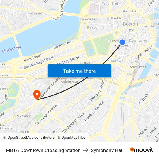 MBTA Downtown Crossing Station to Symphony Hall map