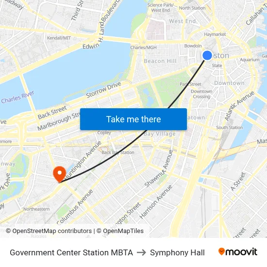 Government Center Station MBTA to Symphony Hall map