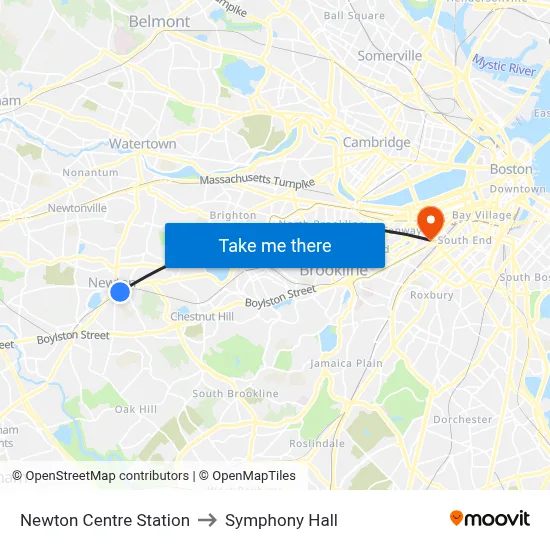 Newton Centre Station to Symphony Hall map