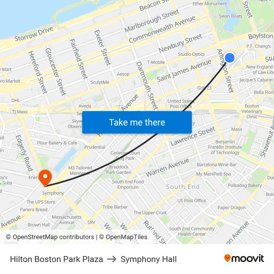 Hilton Boston Park Plaza to Symphony Hall map