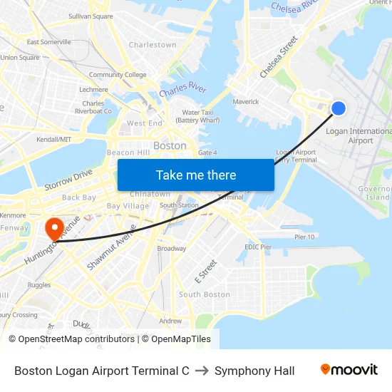 Boston Logan Airport Terminal C to Symphony Hall map