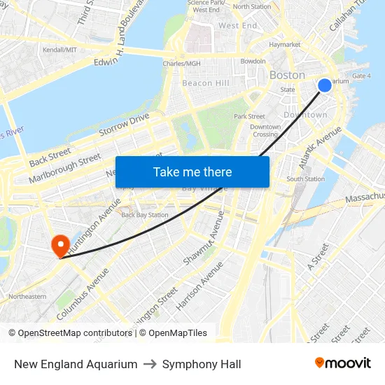 New England Aquarium to Symphony Hall map