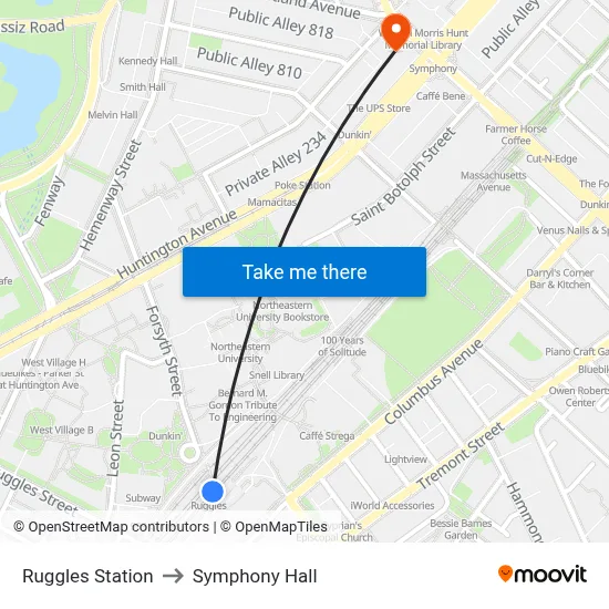 Ruggles Station to Symphony Hall map