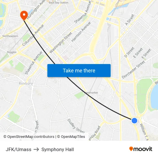 JFK/Umass to Symphony Hall map