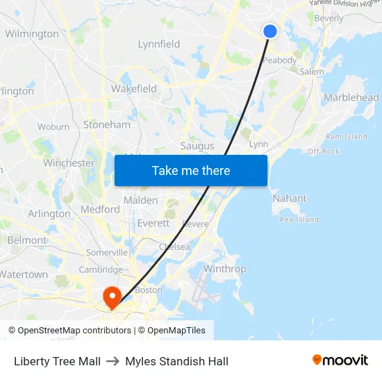 Liberty Tree Mall to Myles Standish Hall map