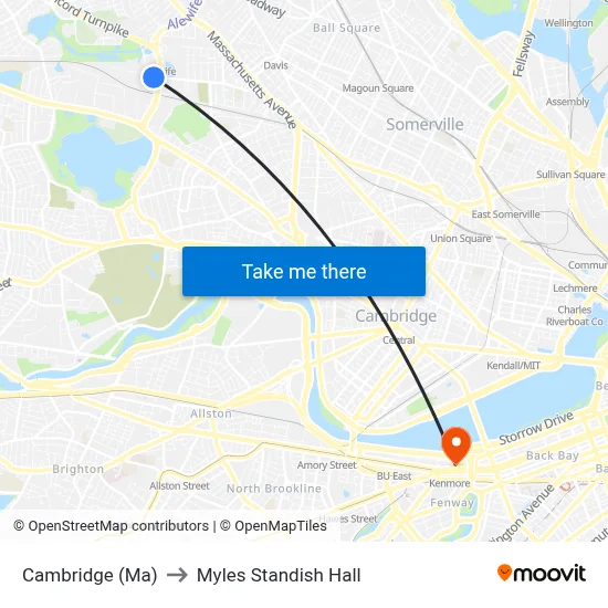 Cambridge (Ma) to Myles Standish Hall map