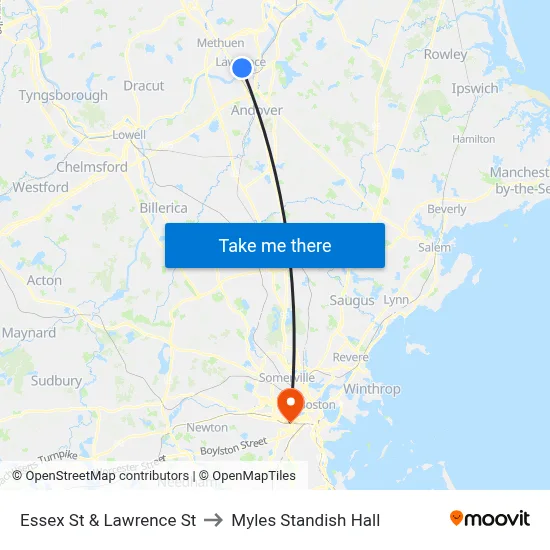 Essex St & Lawrence St to Myles Standish Hall map