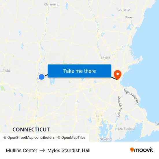Mullins Center to Myles Standish Hall map