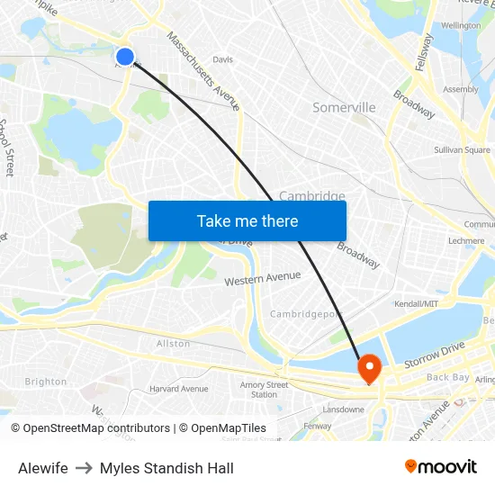 Alewife to Myles Standish Hall map