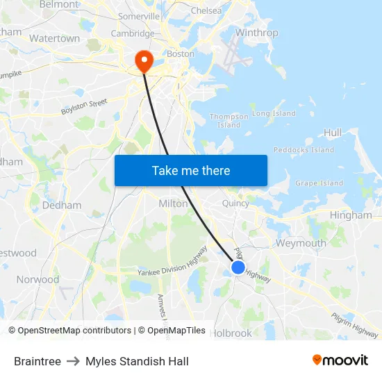Braintree to Myles Standish Hall map