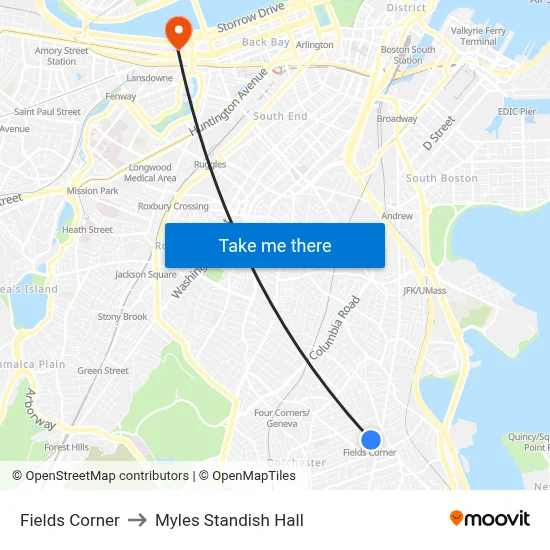 Fields Corner to Myles Standish Hall map