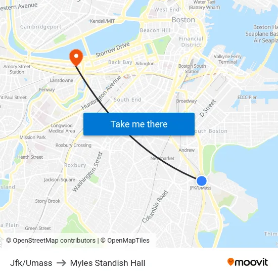 Jfk/Umass to Myles Standish Hall map