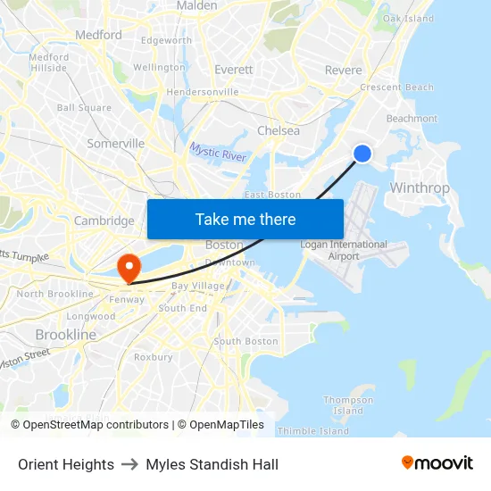 Orient Heights to Myles Standish Hall map
