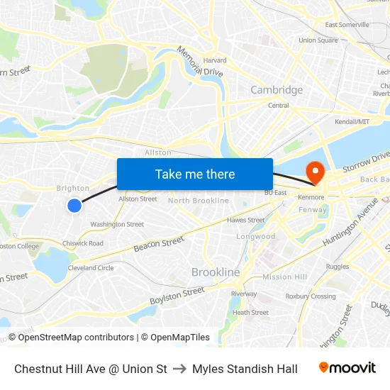 Chestnut Hill Ave @ Union St to Myles Standish Hall map