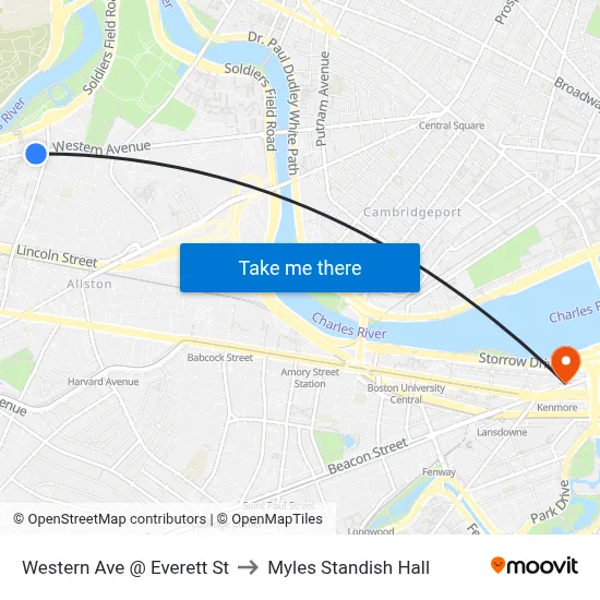 Western Ave @ Everett St to Myles Standish Hall map