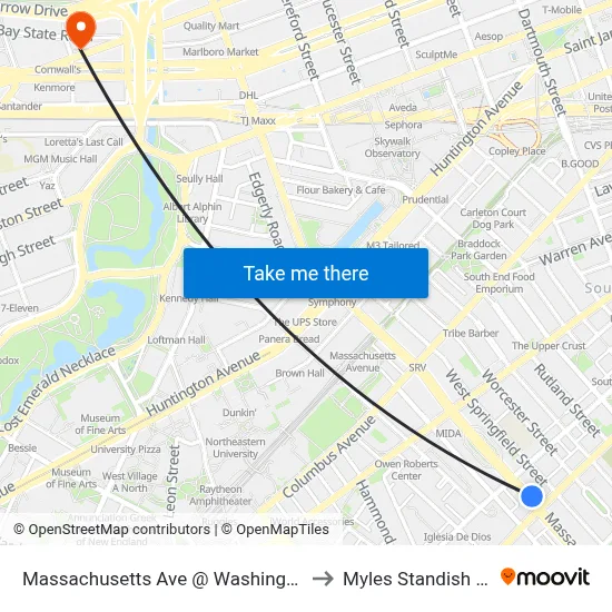 Massachusetts Ave @ Washington St to Myles Standish Hall map
