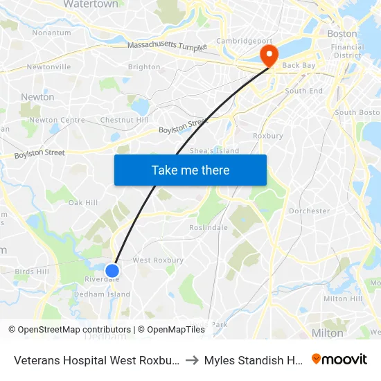 Veterans Hospital West Roxbury to Myles Standish Hall map