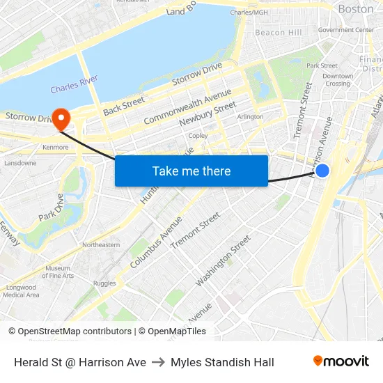 Herald St @ Harrison Ave to Myles Standish Hall map