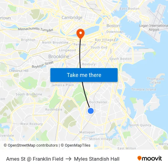 Ames St @ Franklin Field to Myles Standish Hall map