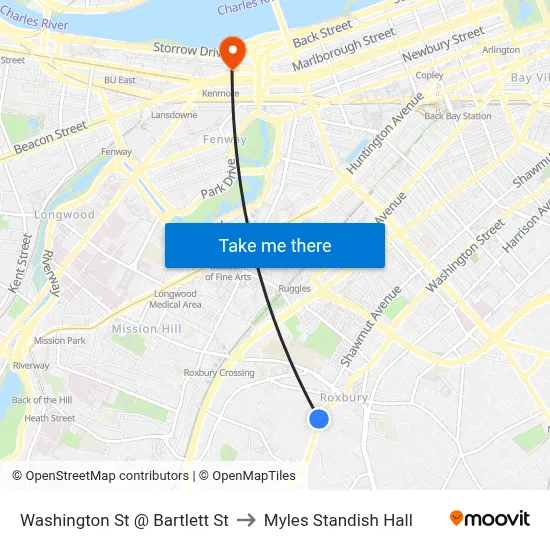 Washington St @ Bartlett St to Myles Standish Hall map