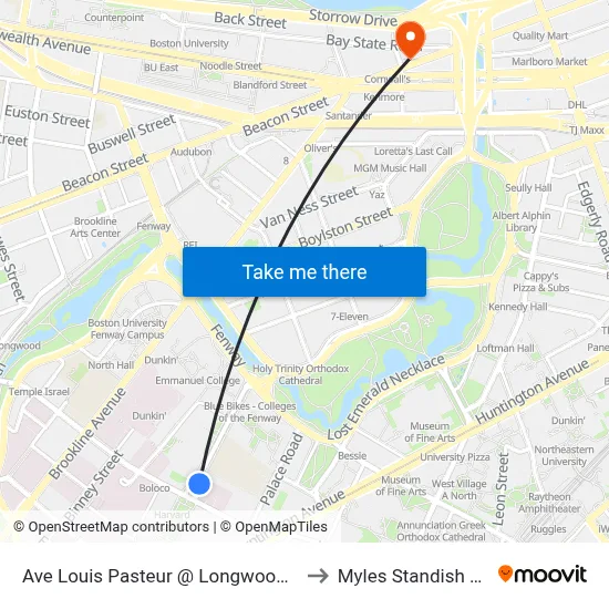 Ave Louis Pasteur @ Longwood Ave to Myles Standish Hall map