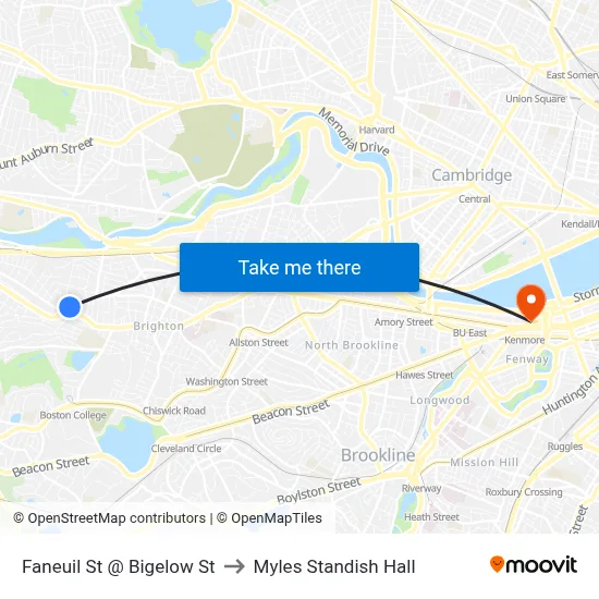 Faneuil St @ Bigelow St to Myles Standish Hall map