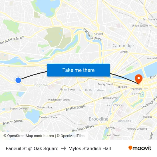 Faneuil St @ Oak Square to Myles Standish Hall map