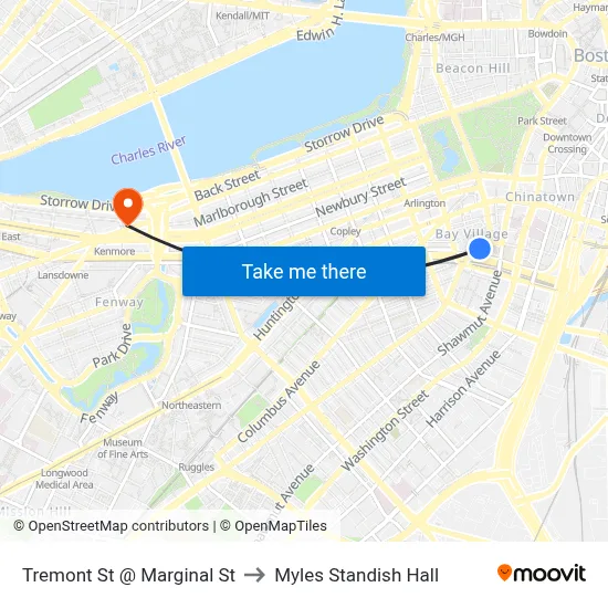 Tremont St @ Marginal St to Myles Standish Hall map