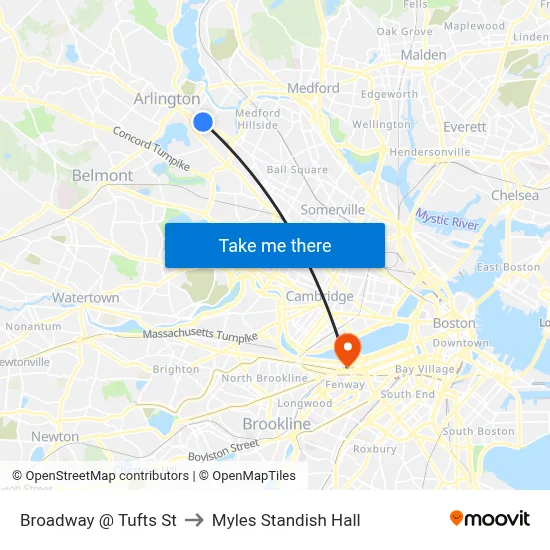Broadway @ Tufts St to Myles Standish Hall map