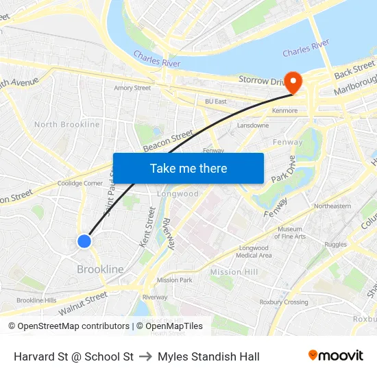 Harvard St @ School St to Myles Standish Hall map