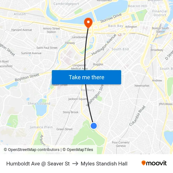 Humboldt Ave @ Seaver St to Myles Standish Hall map