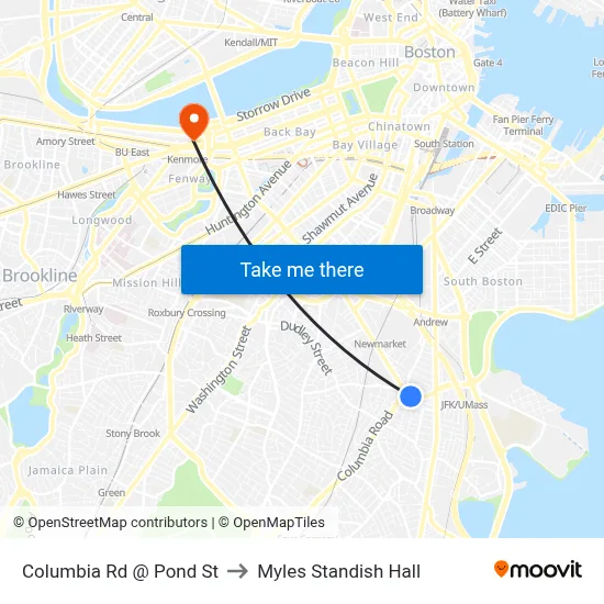 Columbia Rd @ Pond St to Myles Standish Hall map