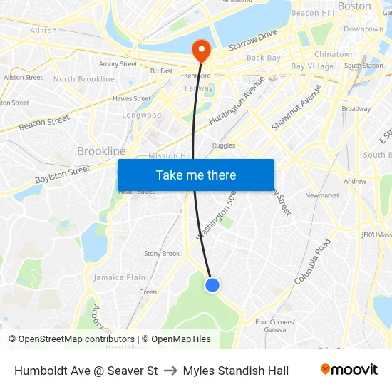 Humboldt Ave @ Seaver St to Myles Standish Hall map