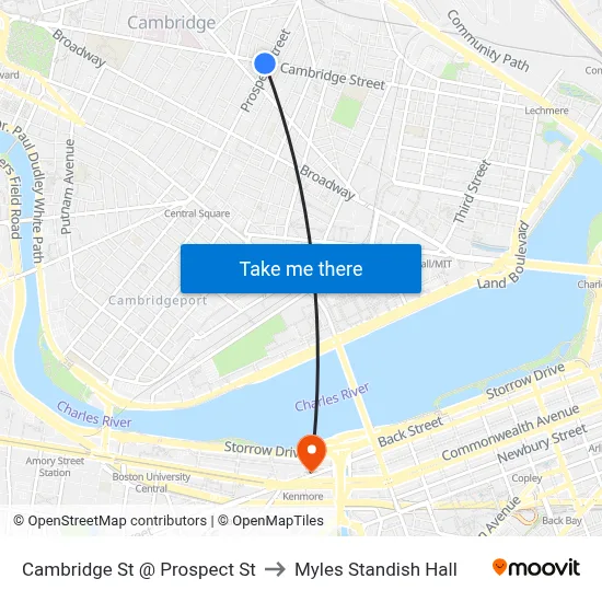 Cambridge St @ Prospect St to Myles Standish Hall map