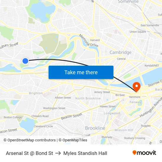 Arsenal St @ Bond St to Myles Standish Hall map