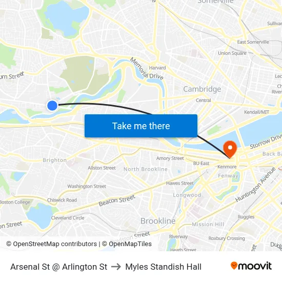 Arsenal St @ Arlington St to Myles Standish Hall map