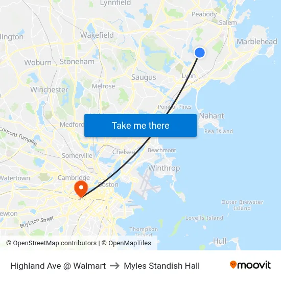 Highland Ave @ Walmart to Myles Standish Hall map