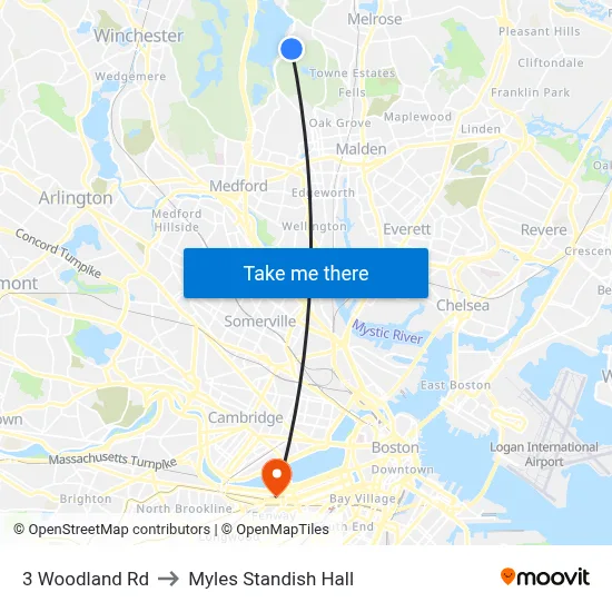 3 Woodland Rd to Myles Standish Hall map