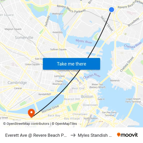 Everett Ave @ Revere Beach Pkwy to Myles Standish Hall map