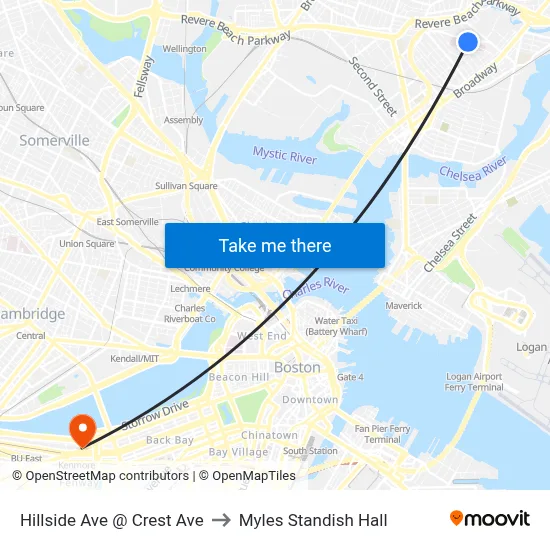 Hillside Ave @ Crest Ave to Myles Standish Hall map