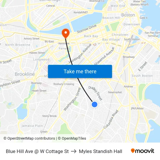 Blue Hill Ave @ W Cottage St to Myles Standish Hall map