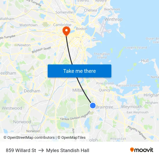 859 Willard St to Myles Standish Hall map
