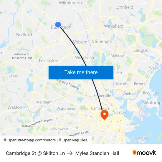 Cambridge St @ Skilton Ln to Myles Standish Hall map
