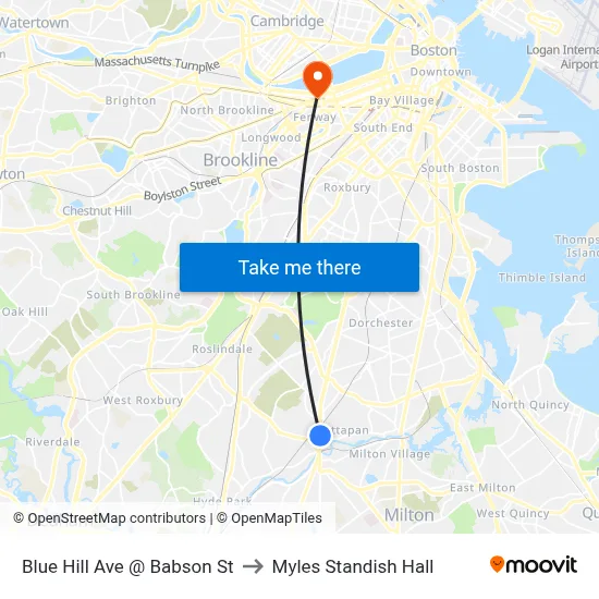 Blue Hill Ave @ Babson St to Myles Standish Hall map