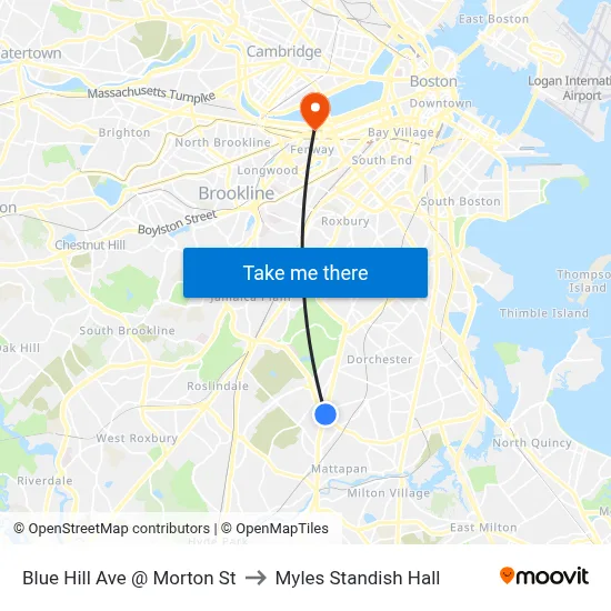 Blue Hill Ave @ Morton St to Myles Standish Hall map